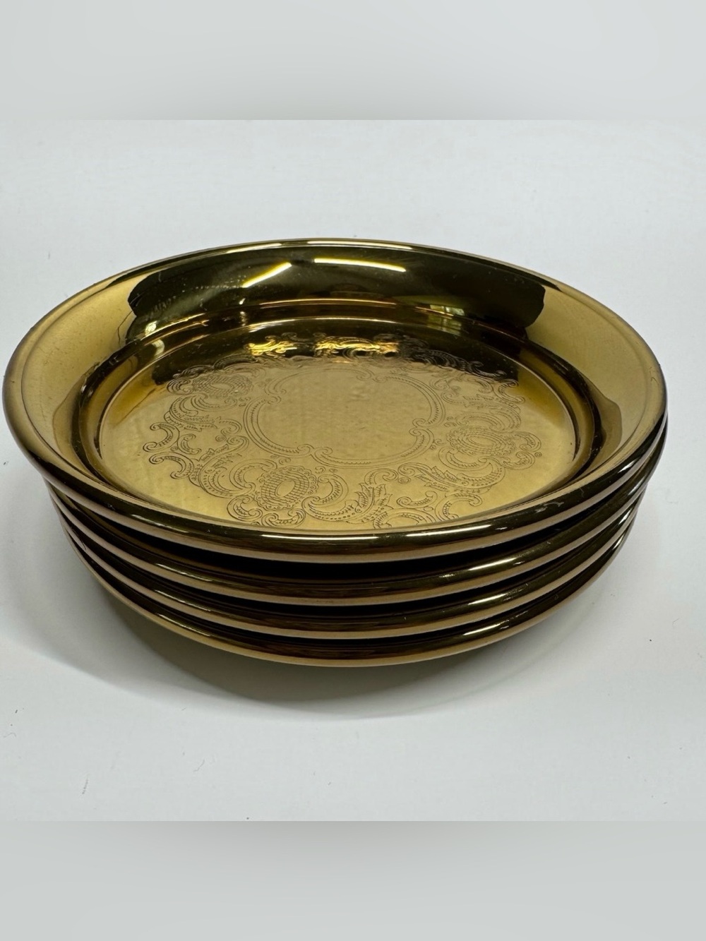 Vintage Baldwin Brass Etched Coasters-Set Of 4- 4.5”
